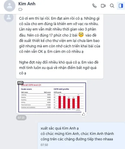 Kim Anh báo tin đạt C1, 177/200 và Writing 42/50