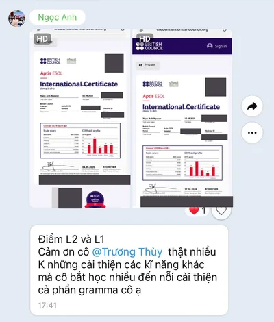 Ngọc Anh chia sẻ hai bảng điểm B1 và lời cảm ơn