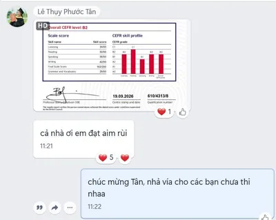 Tân báo tin đạt B2, bảng điểm 162/200 và Writing 42/50